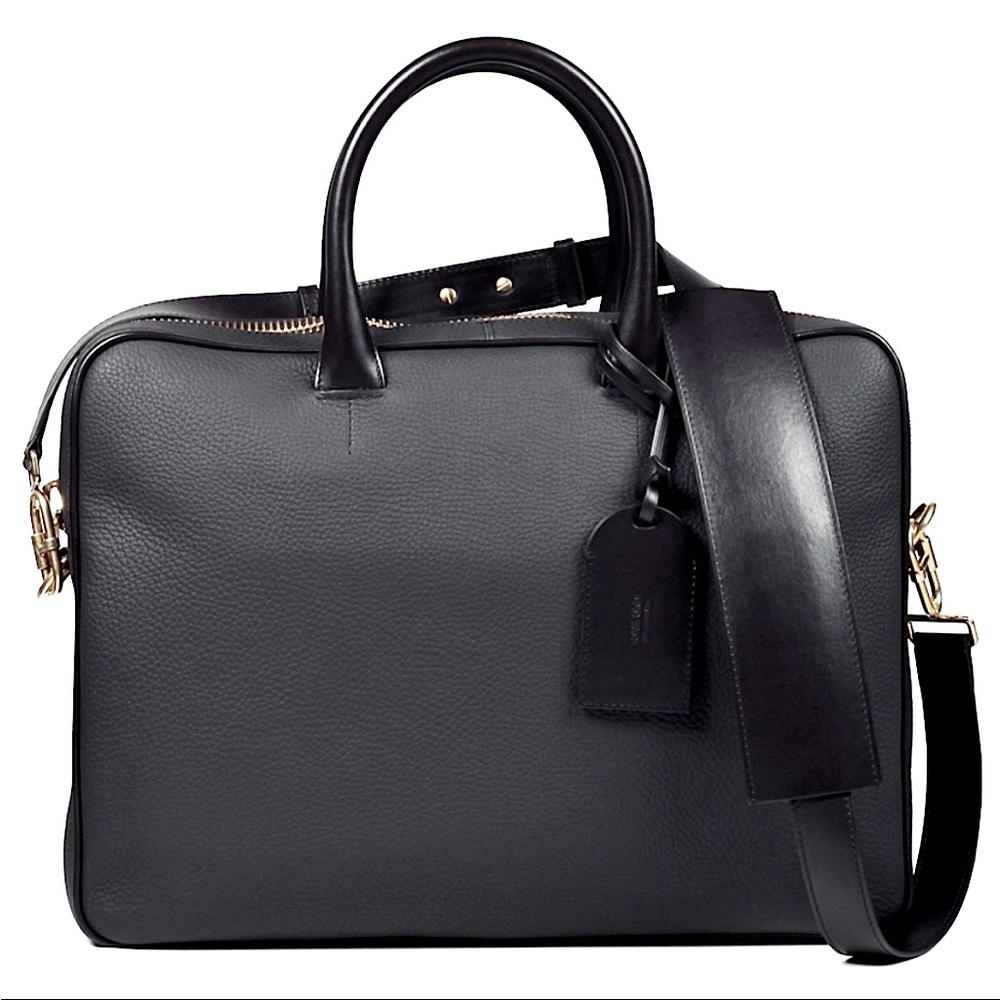 Tom Ford Black Leather Zippered Laptop Shoulder Bag Briefcase w/ Gold Hardware